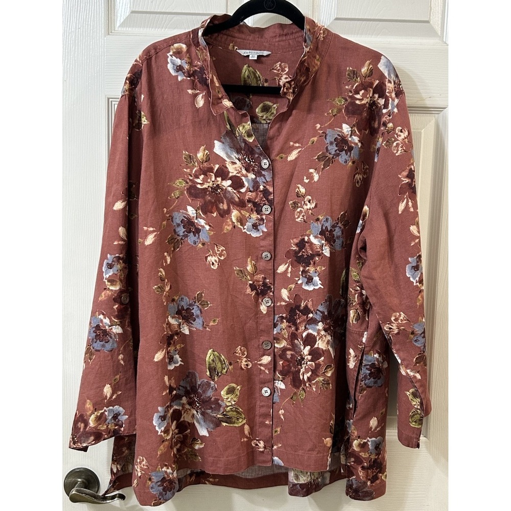 John Mark Button Front Rust Floral Tunic Wmns 3X Roll Tab Sleeves Pockets VGUC